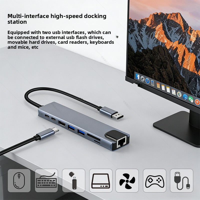 8-in-1 Type-C Docking Station — 4K HDMI | 100W PD | USB 3.0 | Ethernet | SD/TF