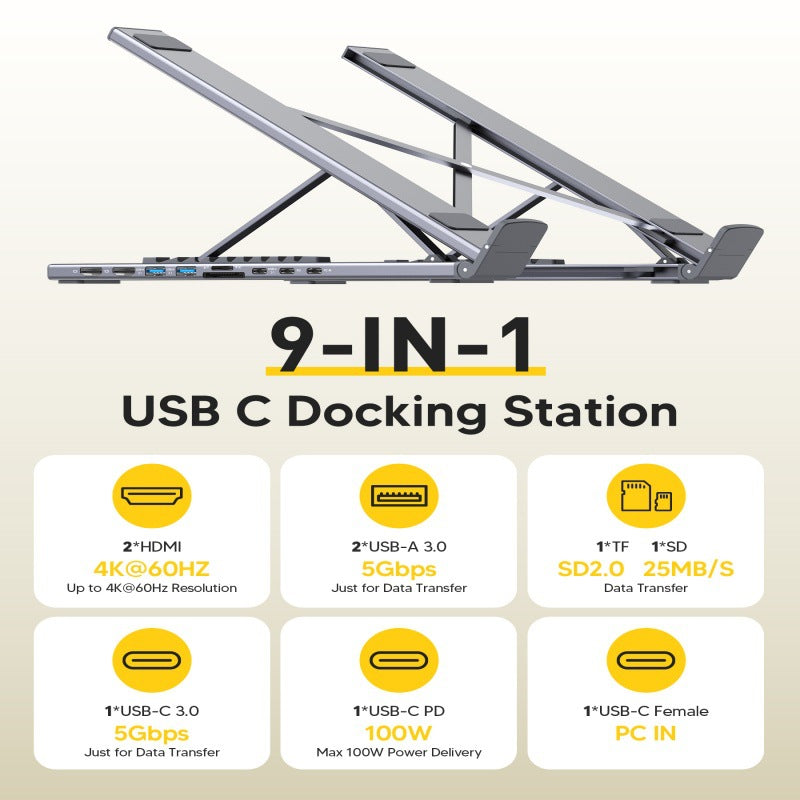 9-in-1 USB-C Hub with Dual Screen Support & Laptop Stand