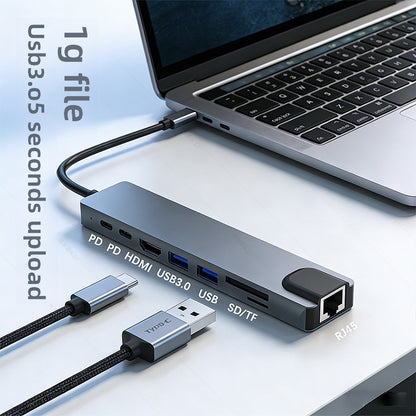 8-in-1 Type-C Docking Station — 4K HDMI | 100W PD | USB 3.0 | Ethernet | SD/TF
