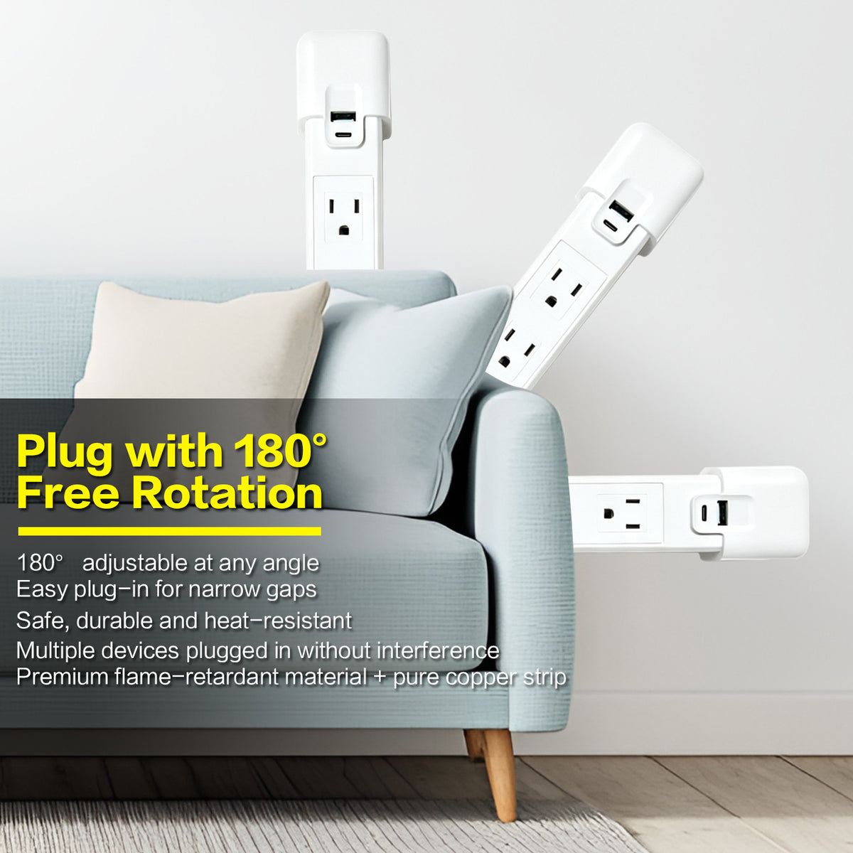 Rotating USB Power Strip with Retractable Extension & Multi-Socket