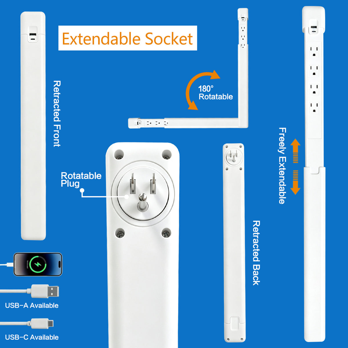 Rotating USB Power Strip with Retractable Extension & Multi-Socket